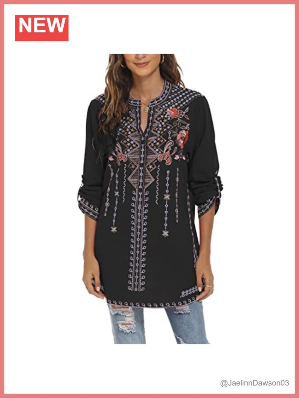 Women's Embroidered Peasant Tunic Top V Neck Loose Blouse